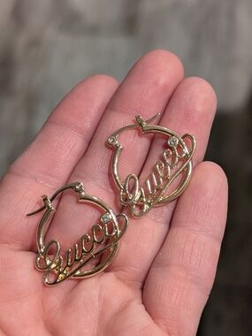 Fashionable  Gold Script Hoop Earrings with Crystal Accents - Gold